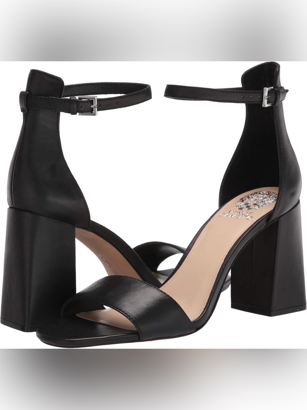 Vince Camuto Black Leather Ankle-Strap Block Heels
